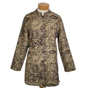 Chico's Med/1 Tapestry Long  Jacket Button Front Mandarin Collar Unlined